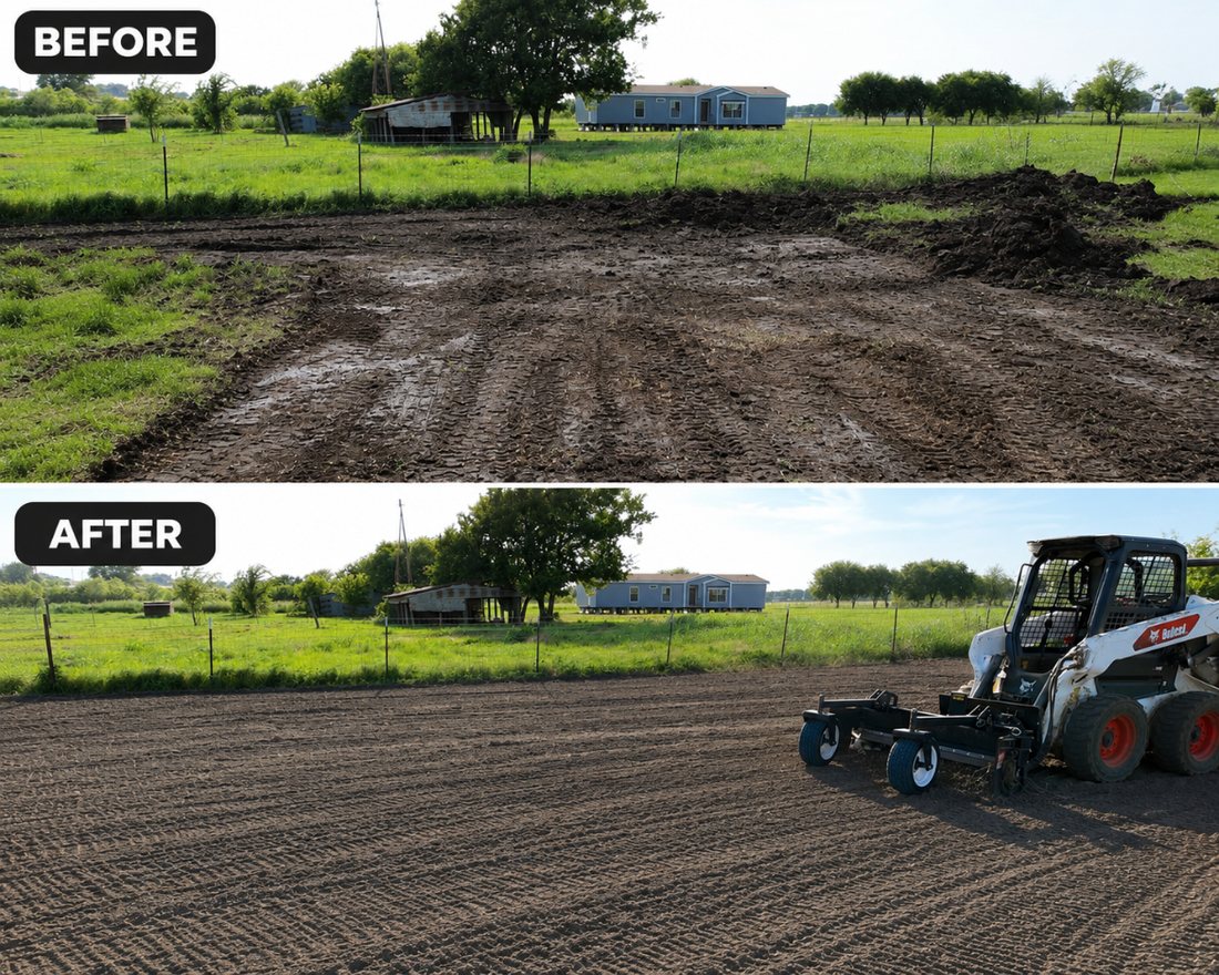 Before and after land clearing and grading on a rural North Texas property