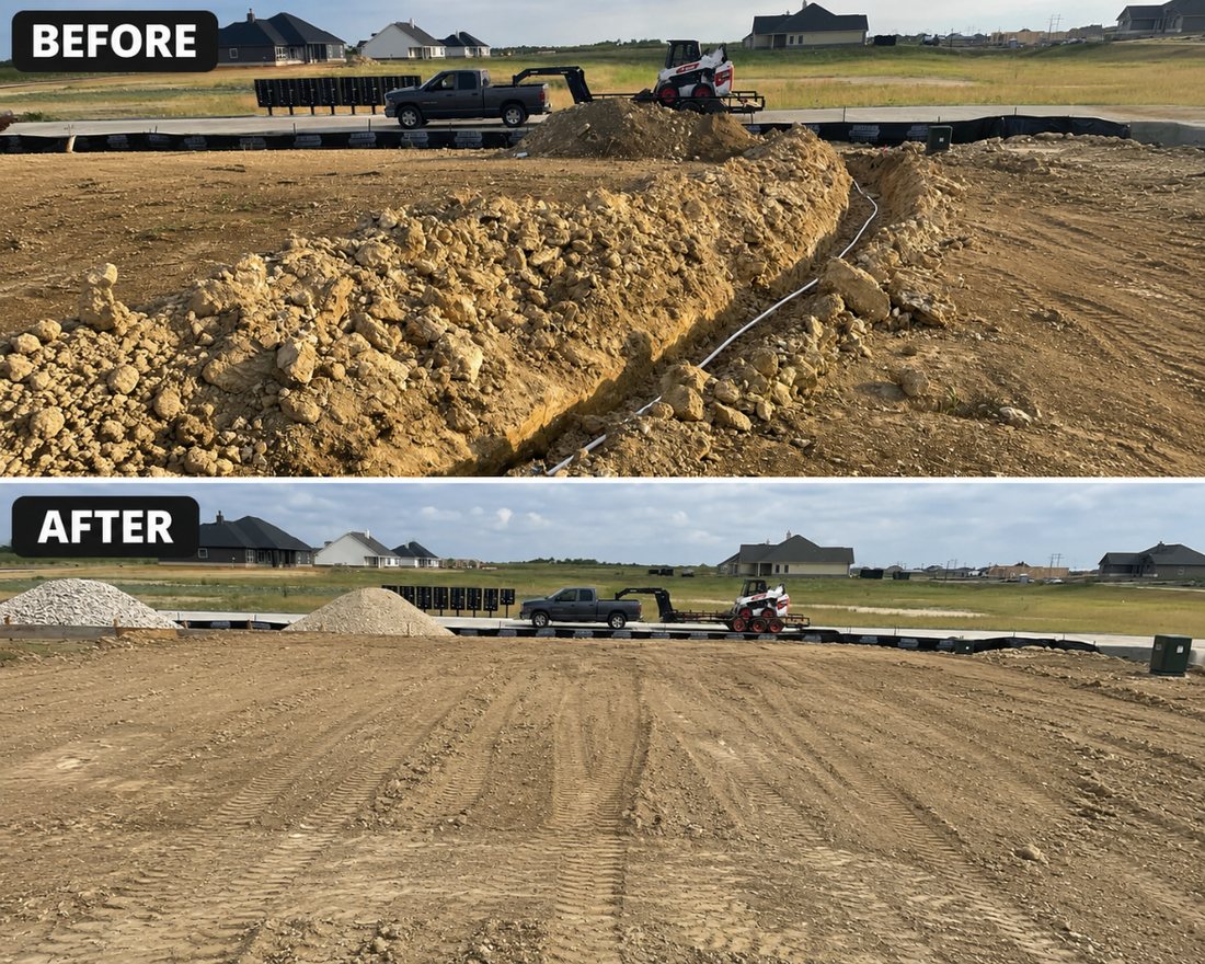 Before and after construction site cleanup and dirt backfill