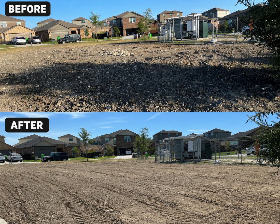Before and after lot clearing and leveling in a North Texas subdivision